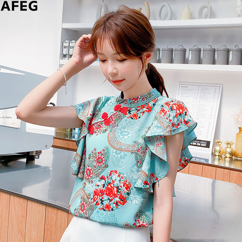 AFEG new Korean round neck fashion loose and wild elegant retro printed chiffon lotus leaf short sleeve blouse