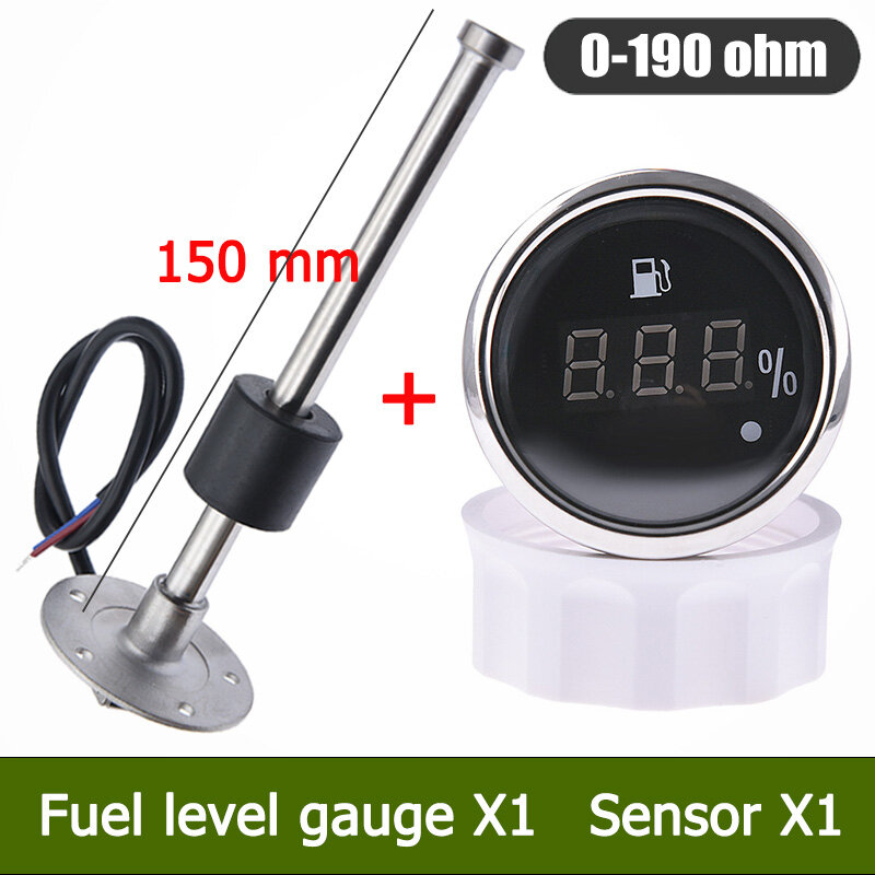 52mm digital fuel level gauge + 100-500mm fuel level sensor 0-190 ohm with alarm light red backlight for car boat rv camper