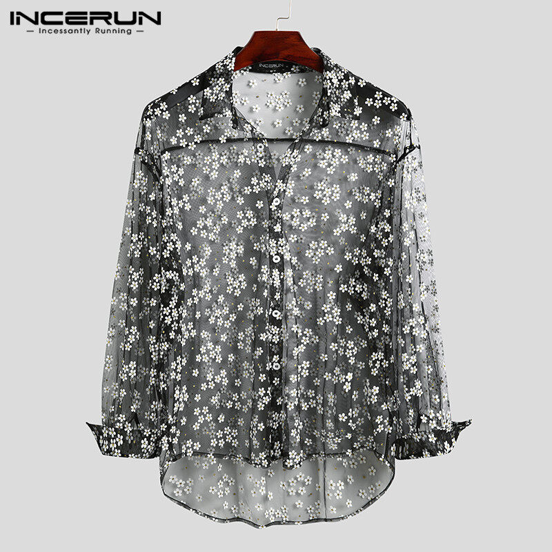 Medussa INCERUN Men Mesh See Through Long Sleeve Floral Dress Shirts Beach Top Tee