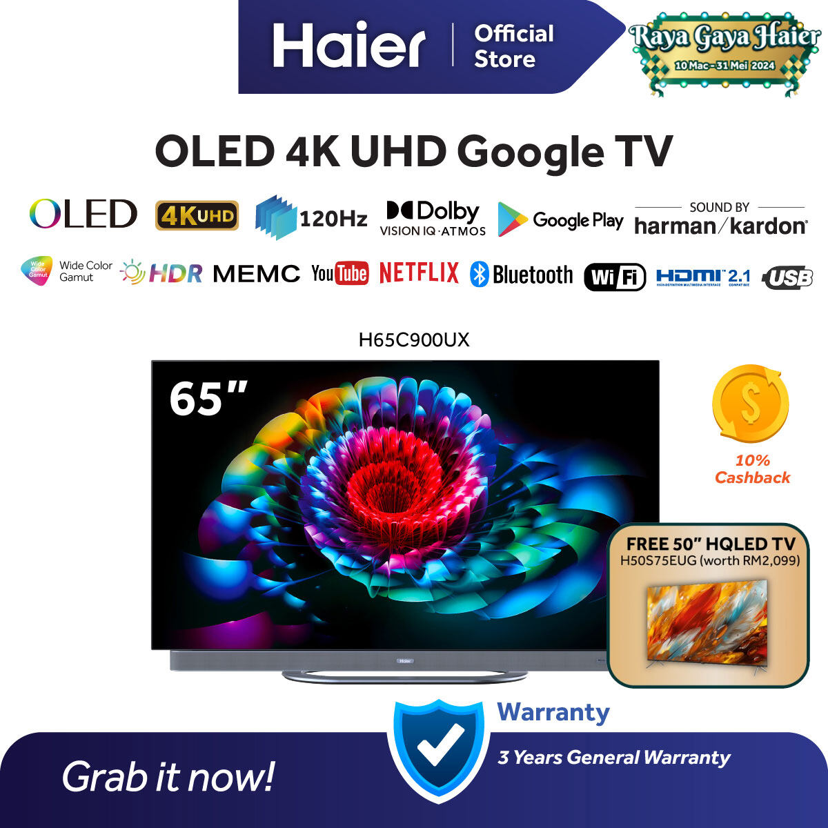 Haier 65" 120Hz OLED Google TV with Harman Kardon Dolby Atmos Dolby ...