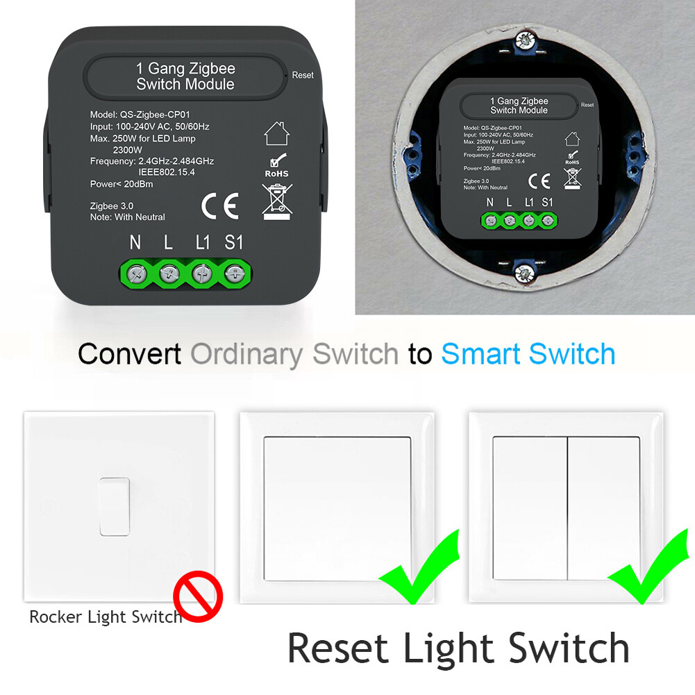 KKmoon QS-Zigbee-CP01 Tuya ZigBee Intelligent Switch Module Intelligent Home Switch Conversion Module 1 Gang Switch Module Device Sharing Timing Function Mobilephone APP Remotes Control for Alexa Google Home Voice Control Used with Gate-way