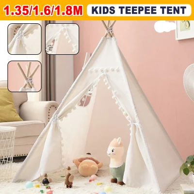 White Teepee Kids Indian Tent Cotton Canvas Pretend Play House Boy Girls