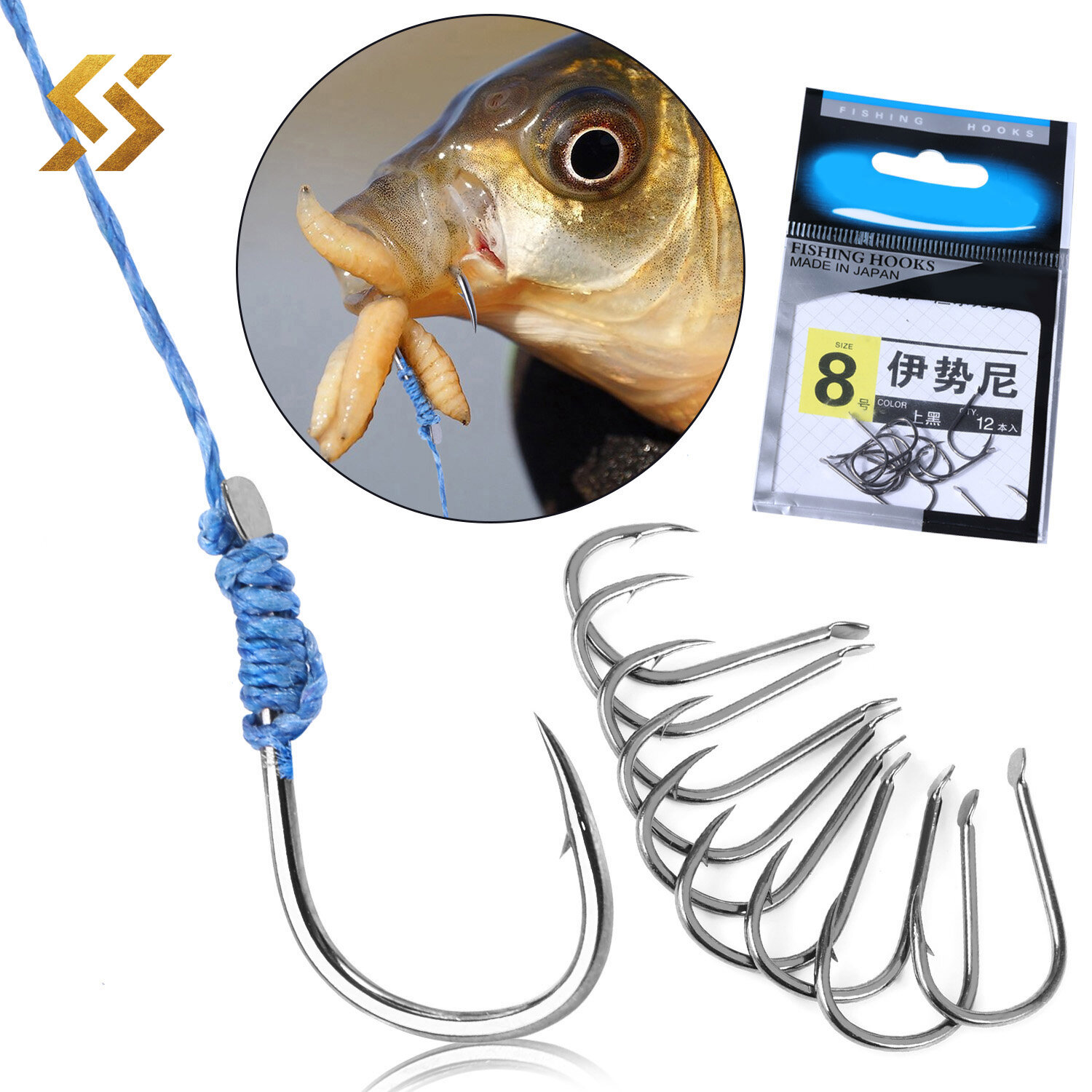 Sougayilang #8 #9 #12 9 PCS Fishing Curved Hook with Barb Carbon Steel Fishing Hooks Sharp Fishing Circle Jig Hooks