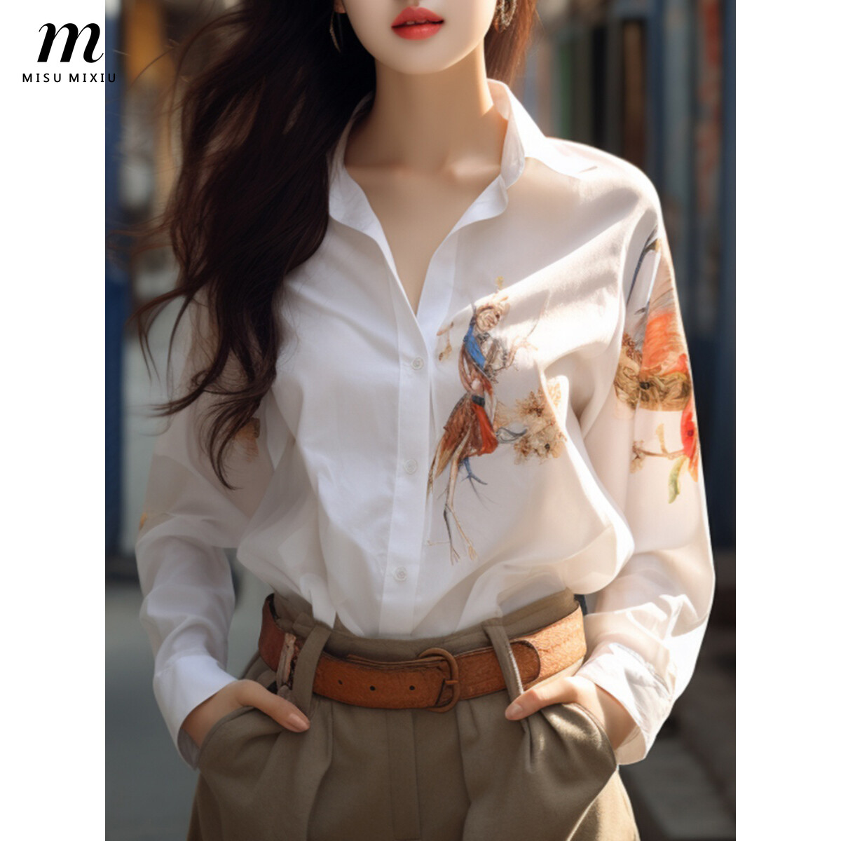 MISUMIXIU High End White Printed Shirt for Women's 2024 New Western-style Fashion High-end Temperament Tops