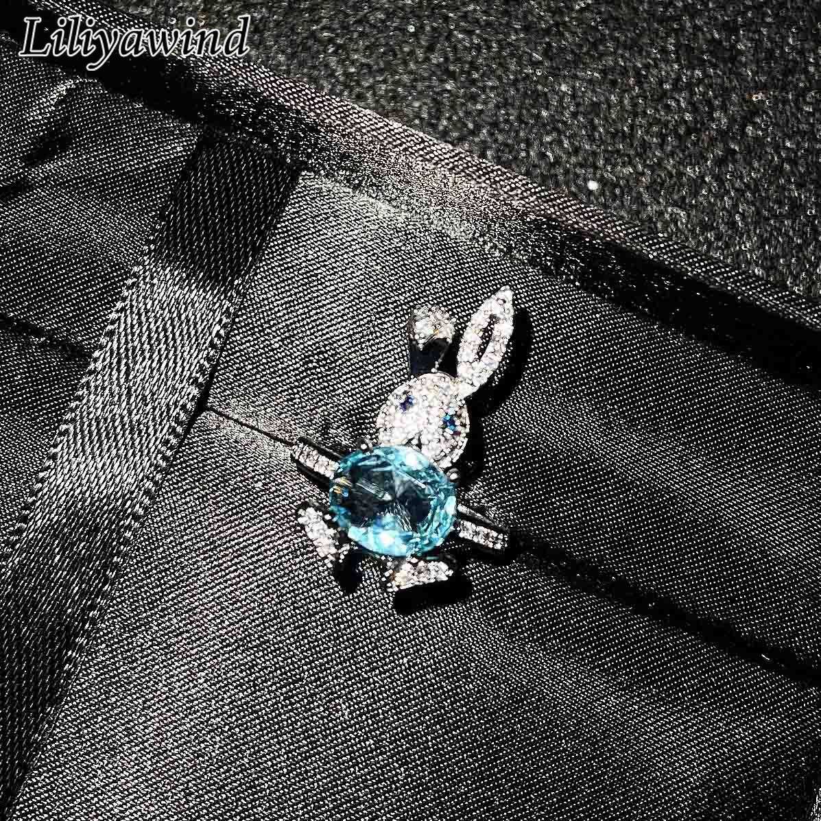 Liliya Full Diamond Blue Topaz Gemstone Cute Rabbit Ring Necklace Earrings for Women Jewelry Gifts