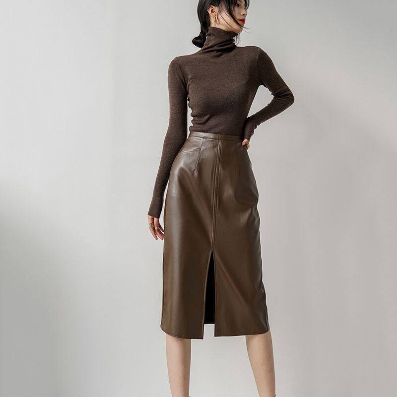 Mid-length leather skirt skirt High waist slim A-line skirt