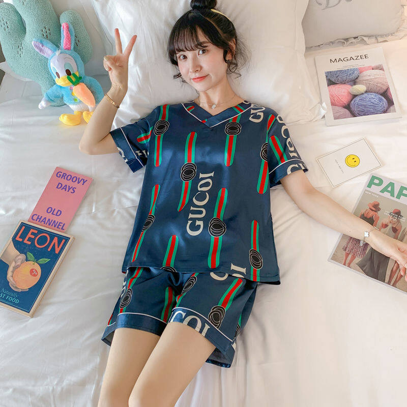 2pcs/set Women Pajamas Ice Silk Short-sleeved Imitation Silk Cartoon set