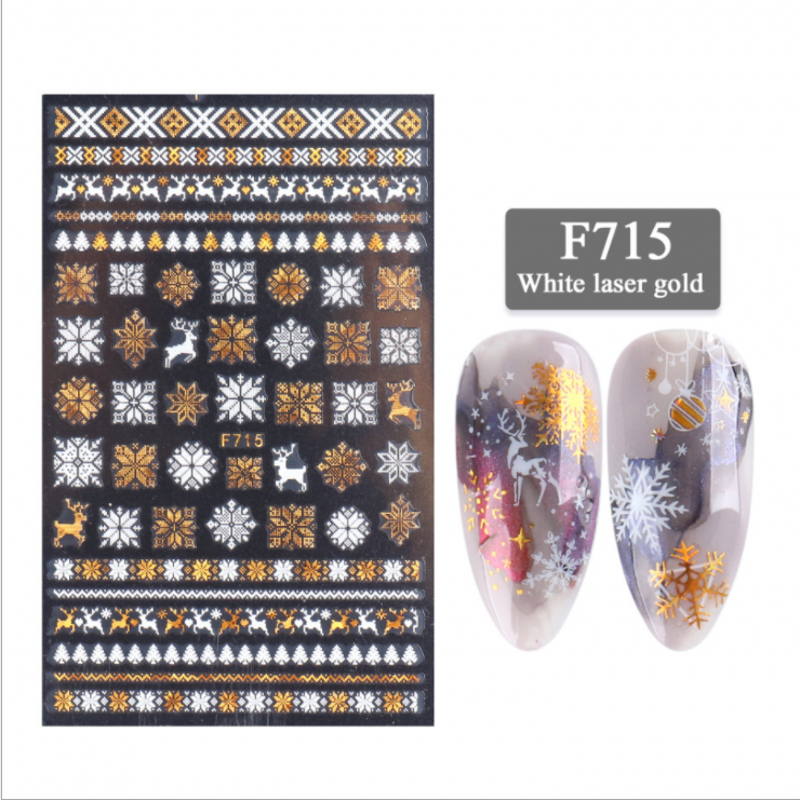 3D Snowflake Nail Art Sticker Christmas Sparkly Gold White Glitter Geometry Winter Deer Pattern Nail Decals Decorations