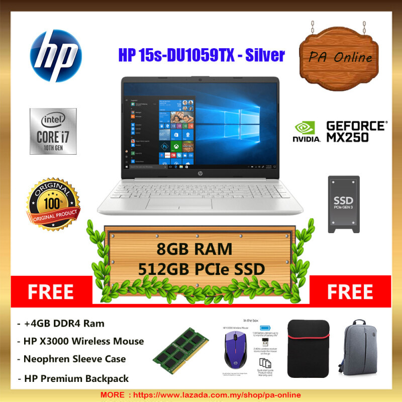 HP 15S-DU1059TX (8GB/16GB RAM)- Intel Core i7-10510u /8GB or 16GB Ram /512GB PCIe NVMe M.2 SSD /15.6 FHD LED /4GB NVD MX250 /Win 10 /2 Years Malaysia