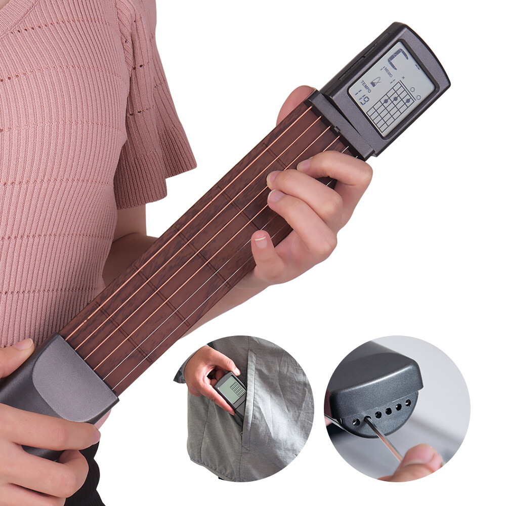 6-String Pocket Guitar Chord Trainer Folk Guitar Practice Tool Gadget 6 Frets with Rotatable Chords Chart Screen for Beginners fingering Practice