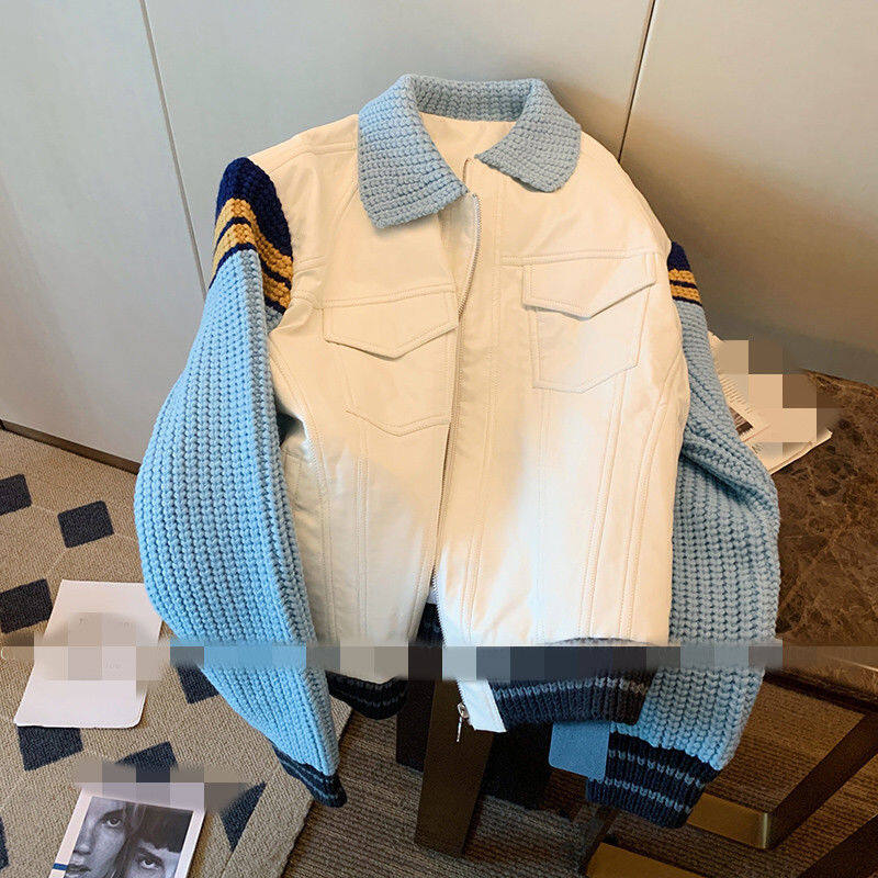 Sweater Patchwork Denim Jacket Women's Lapel Jacket Retro Baseball Uniform New Fall 2022 Casual Oversize Outwear for Female