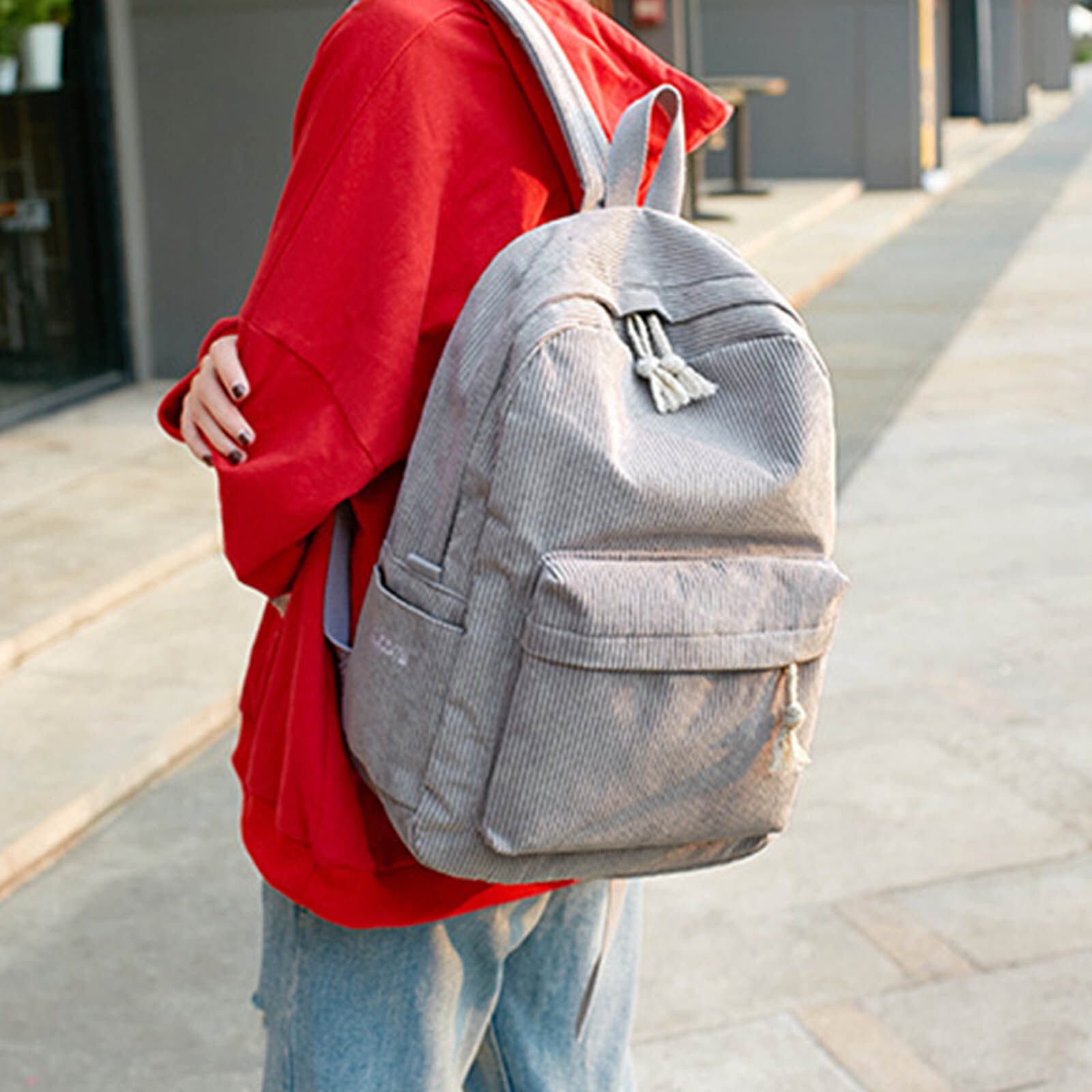 grey corduroy backpack