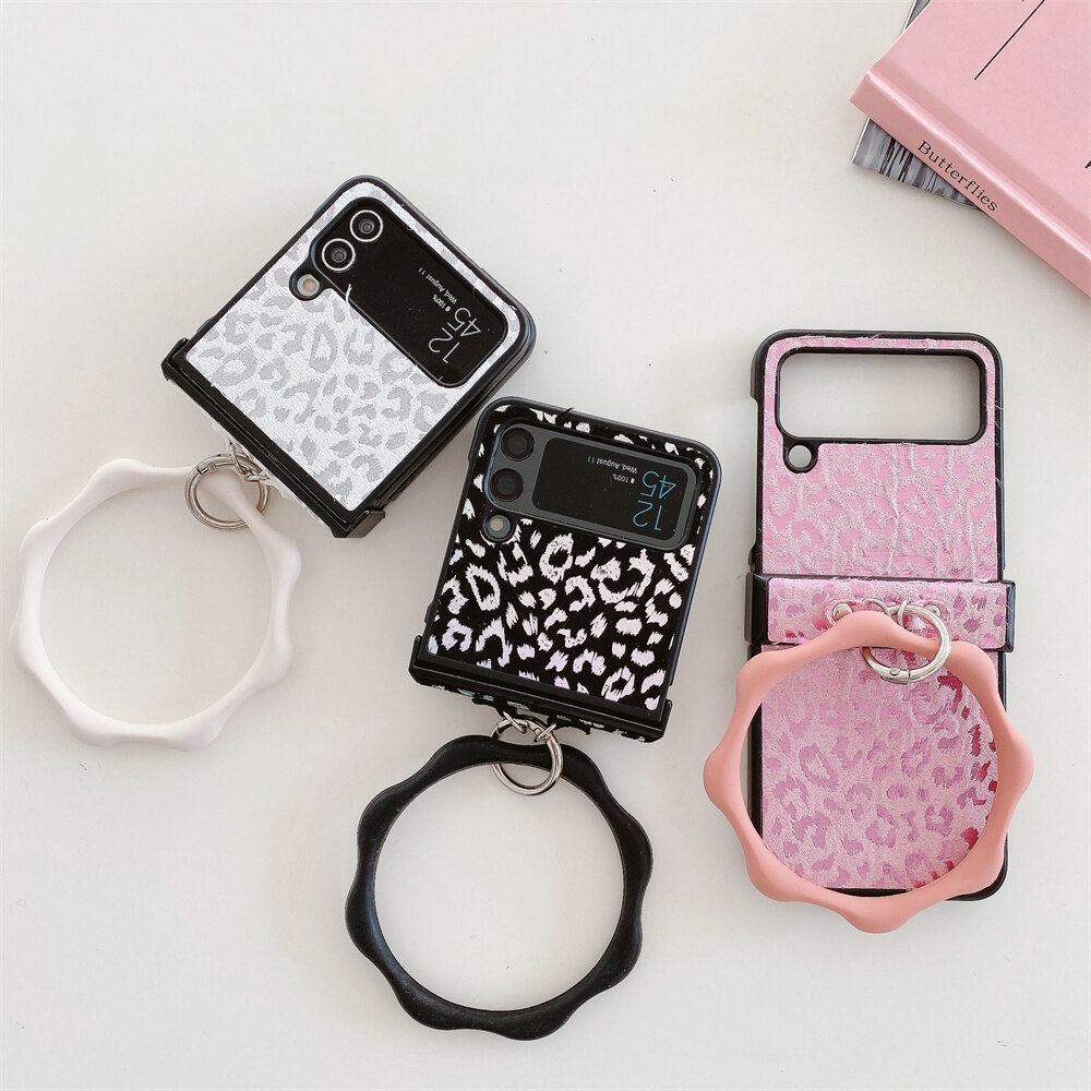 Dành Cho Samsung Galaxy Z Flip 4 Z Flip 3 Z Flip3 Z Flip4 Ốp Điện Thoại Gập Họa Tiết Da Báo Sang Trọng Cho Nữ 3 Trong 1 Vỏ Điện Thoại Chống Sốc Ốp Lưng Bằng Da Với Vòng Tay Tròn
