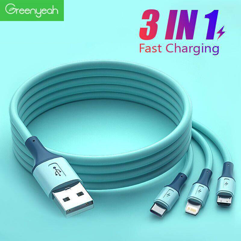 Greenyeah Sạc Nhanh 3A Cáp USB 3 Trong 1 Silicone Lỏng Micro USB Type C Cáp Sạc Cho Dây Samsung Xiaomi Sạc iPhone