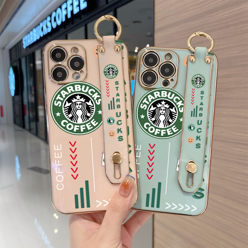 (With Wristband) Hontinga Casing Case For iphone 16 Pro Max Plus 5G 11 Pro Max 12 Mini 12 Pro Max 13 Mini 13 Pro Max Case Cartoon Cute Starbucks Luxury Chrome Plated Soft TPU Square Phone Case Full Cover Camera Protection Anti Gores Rubber Cases For Girls