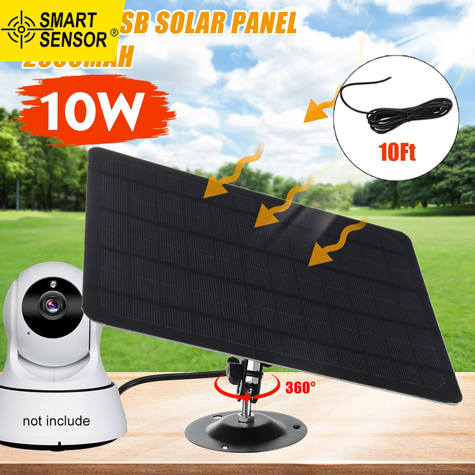 Smart sensor 10w 5v micro usb solar panel 2000mah 360-degree rotation waterproof wall mounted monocrystal silicon solar plate for usb camera