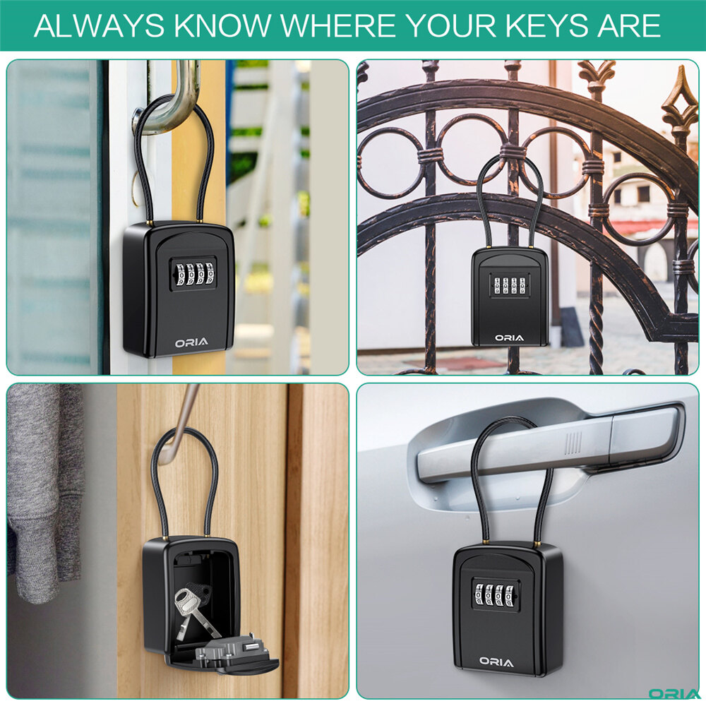 ORIA Key Lock Box 4 Digit Combination Wall Mounted Security Storage Lock Box, 5 Keys Capacity for House Key Storage Combo Door Locker