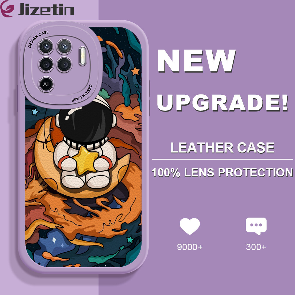 Jizetin Leather Casing For OPPO Reno 5 Reno5 5G Reno5 F Reno 5F Reno5 Pro 5G Handphone Casing Slim Skin Feeling Cartoon Astronaut Leather Back Casing Soft Silicone PU Leather Cover Phone Case