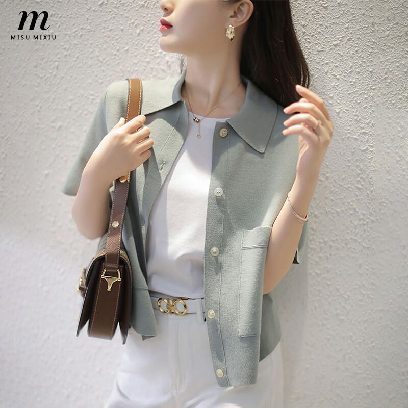 MISUMIXIU 2 Colors Polo Collar Short Sleeve Cardigan Sweater Women Fashion Temperament Knitting Tops Lady