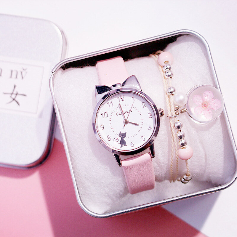 【Free box】Women Casual Watches Lovely Cat Alloy Quartz Wristwatches For Ladies Girls Leather Strap Waterproof Fashion Student Watch Gifts No Bracelet
