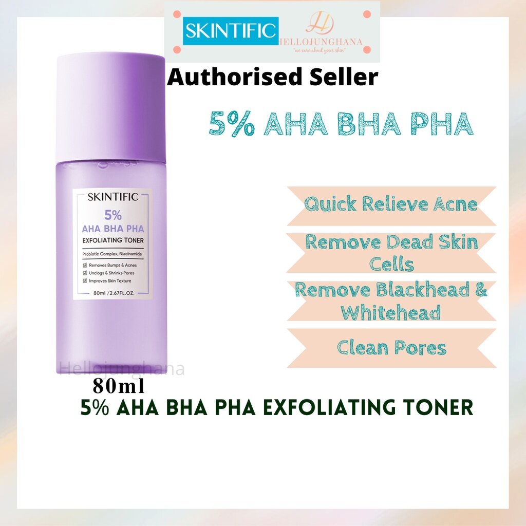 SKINTIFIC 5% AHA BHA PHA Exfoliating Toner 80ml Reduced Acne Blemishes ...