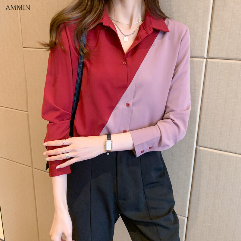 AMMIN Spring and autumn new style western style women's lapel contrast color chiffon blouse for ladies long-sleeved solid color button cardigan shirt