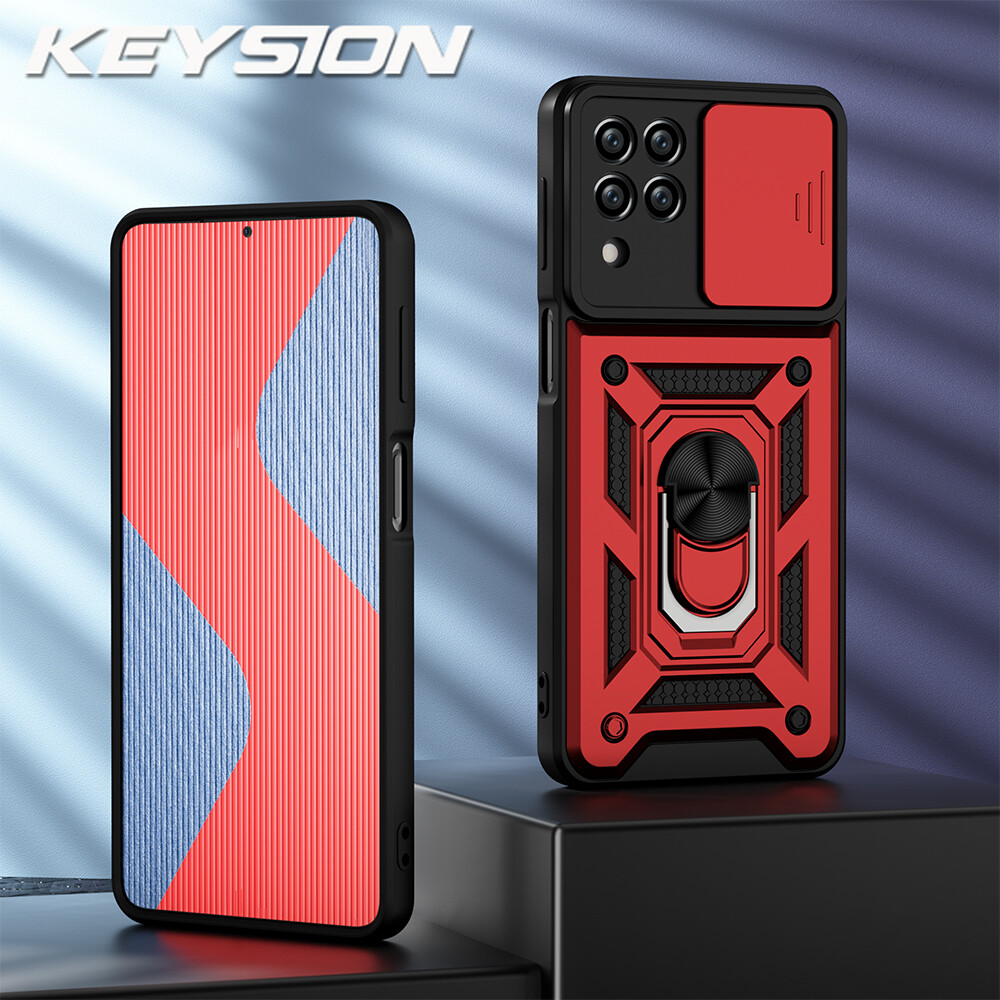 Keysion shockproof case for samsung m53 m33 5g m32 push pull camera protection ring stand phone cover for galaxy a22 a12 a42