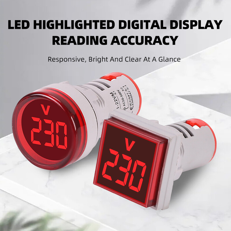 22MM AC 50-500V Voltmeter Square Panel Round Panel LED Digital Voltage Meter Indicator Light Lamp Digital Panel Indicator Meter