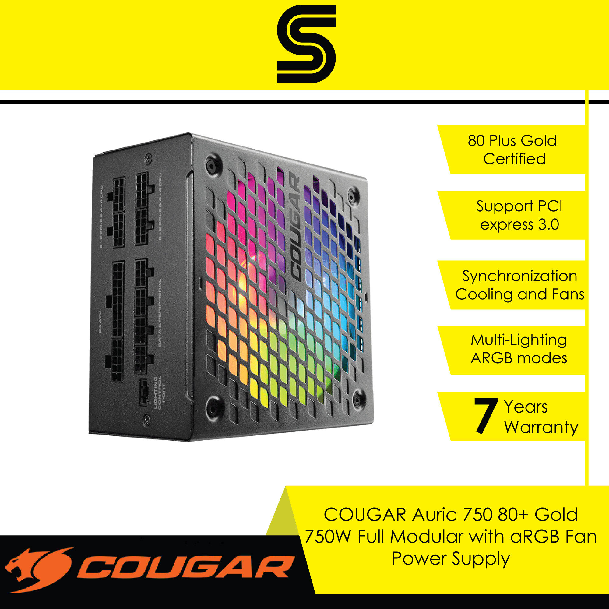 COUGAR AURIC 750 80+ Gold 750W Full Modular with aRGB Fan Power Supply ...
