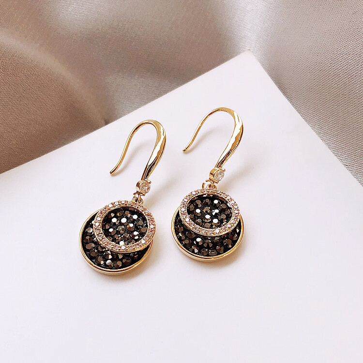 Frascati Trendy Rhinestone Dangle Earrings Black Round Hanging Earrings Long Drop Earrings for Women Fashion Alloy Plated Jewelry