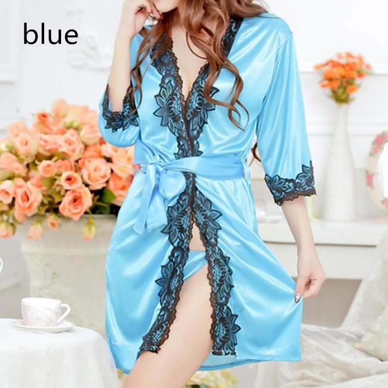 Pajamas For Adult Women Night Dress Women Satin Lace Silk Robe Sleepwear Lingerie Nightdress Dressing Gown