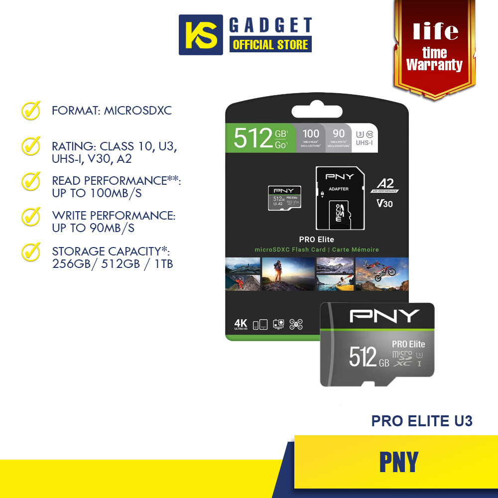 PNY Pro Elite Cl 10 U3 V30 microSD Flash Memory Card 256GB/512GB