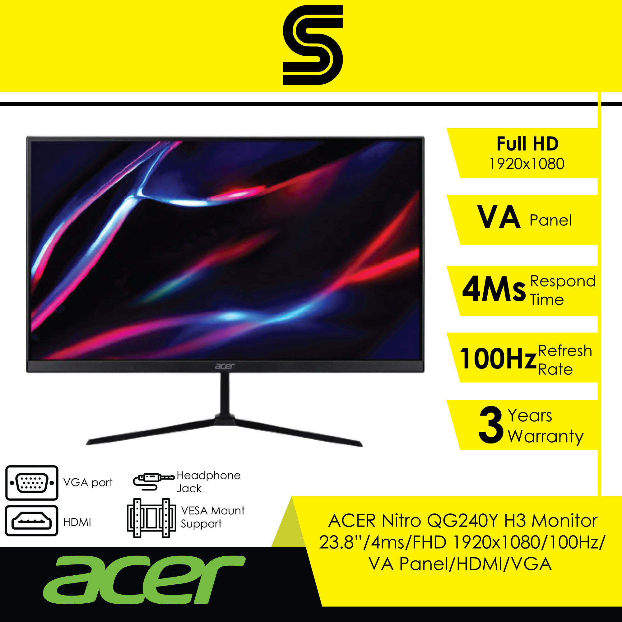 ACER Nitro QG240Y H3 Gaming Monitor 23.8”/4ms/FHD 1920x1080/100Hz/VA Panel/HDMI/VGA/VESA Lazada