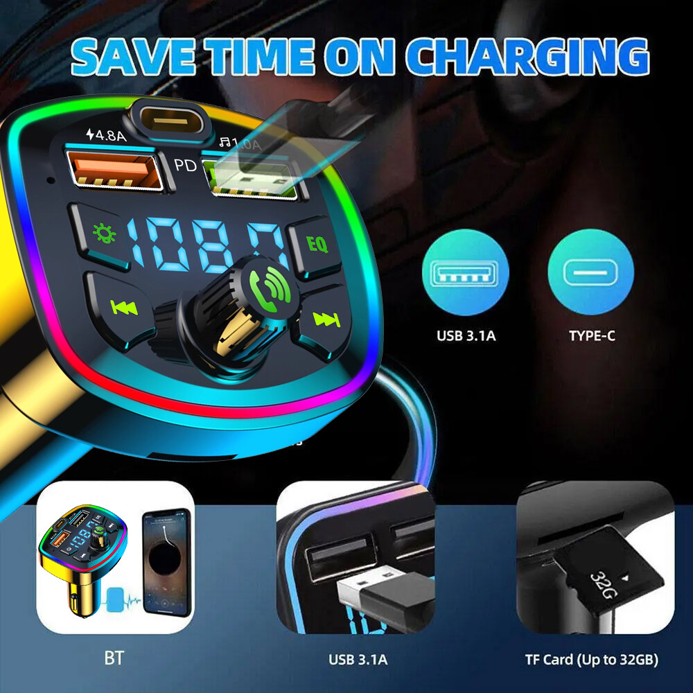 Car Charger Fast Charging U Disk MP3 Player Bluetooth 5.0 FM Transmitter Hands-free Audio Receiver Dual USB PD Charger