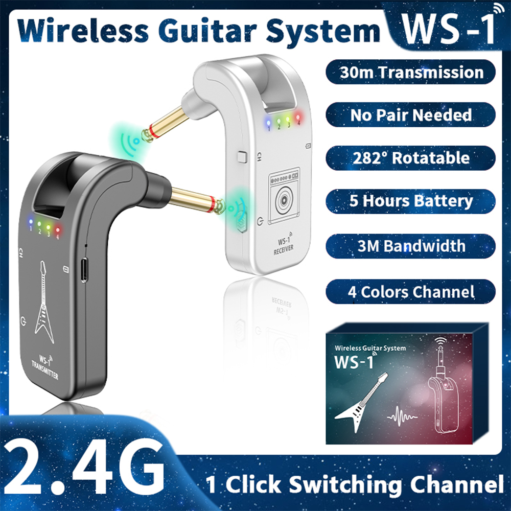 [ammoon]WS-1 2.4GHz Wireless Guitar System Rechargeable Audio Transmitter and Receiver 4 Channels 30m Transmission 282º Rotatable Head 5H Endurance for Electric Guitar Bass Violin