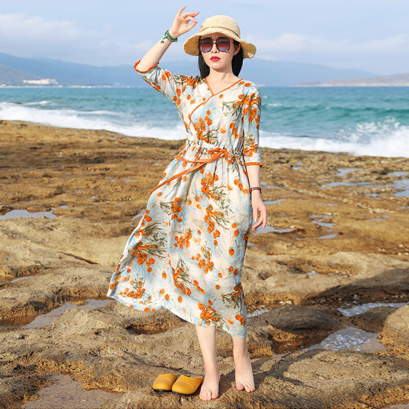 V-neck loose cotton and linen printed dress for women, five-point sleeve dress, mid-length with ties and waist