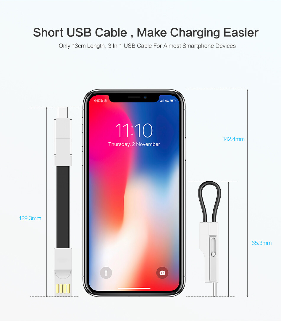 3 Trong 1 Cáp USB Micro USB Loại C Chiếu Sáng Cáp Cho iPhone XR X Samsung 2A Mini Keychain Sạc Cáp Cho Xiaomi Huawei
