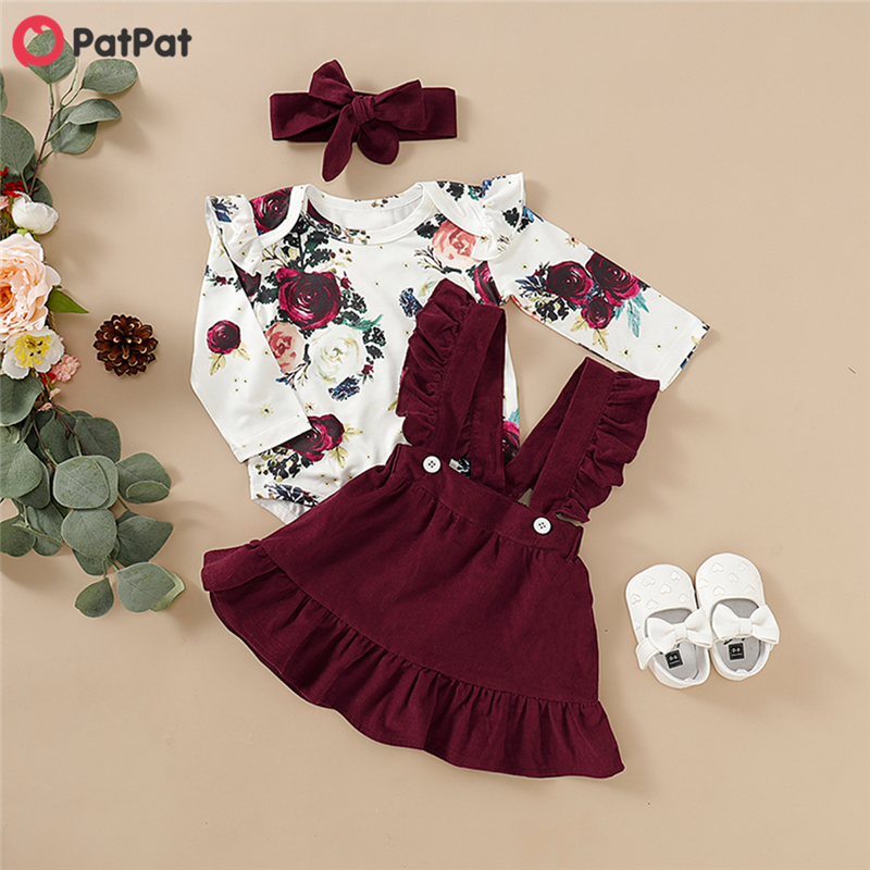 PatPat Baby Girl Clothing Sets 3-piece Floral Print Bodysuit and Suspender Skirt with Headband Set for 0-12 Months