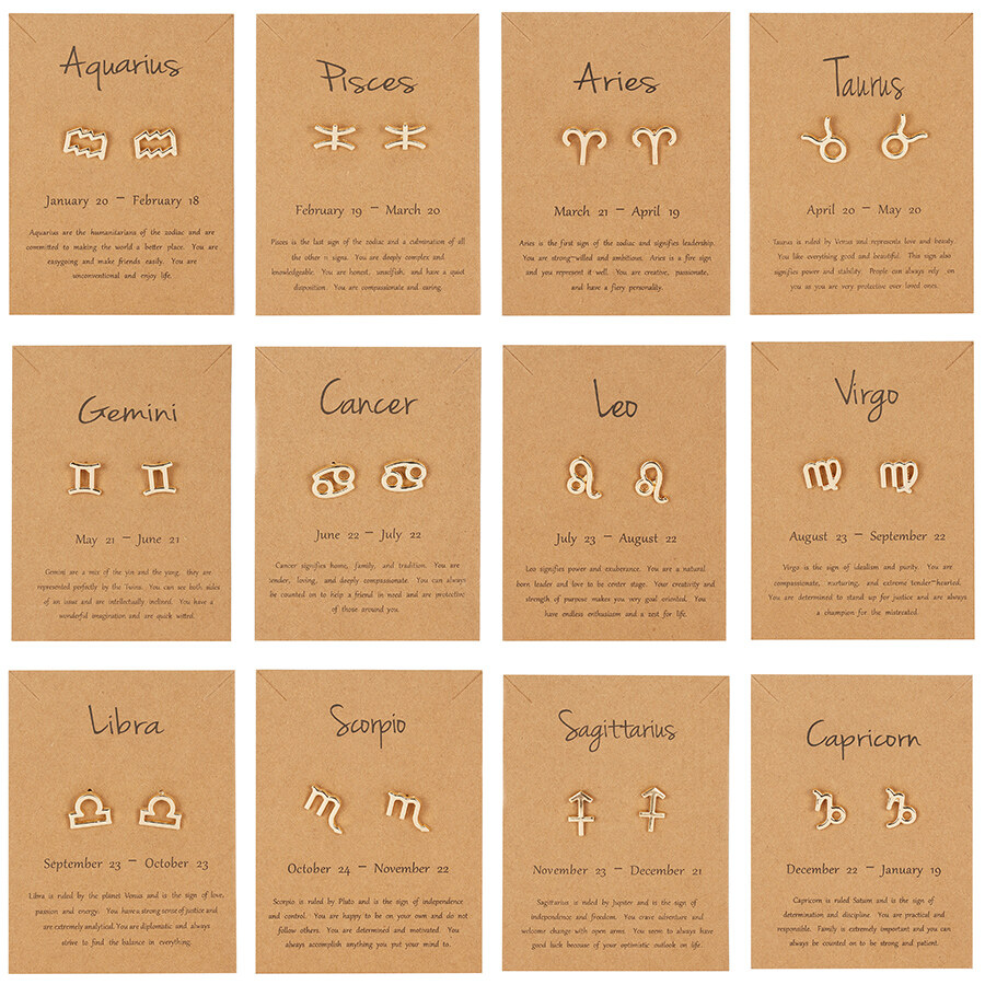 12 Constellation Stud Earrings for Women Zodiac Sign Metal Jewelry Astrology Leo Libra Aries Gold Earrings Female Birthday Gifts