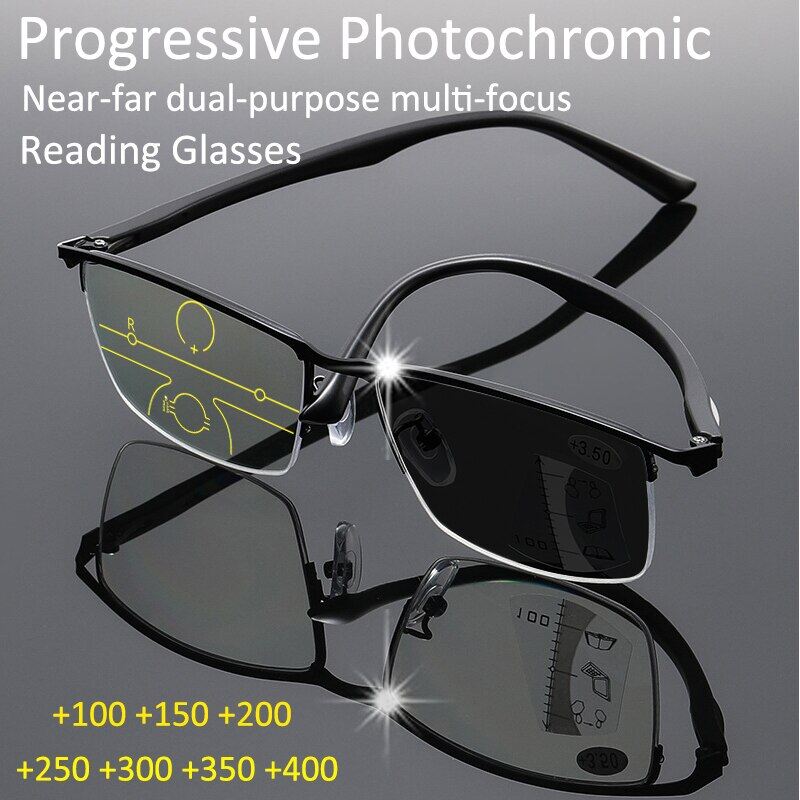 TR90 Adjustment Multi-focus Photochromic Reading Glasses Progressive Men Half-Frame Anti-Blue Light Finished Glasses Black
