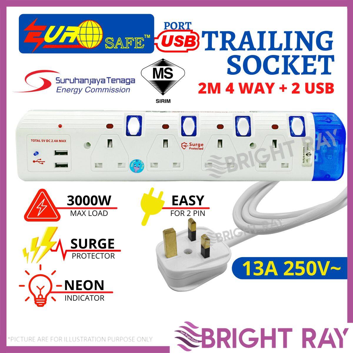Sirim Eurosafe 2 Meter 4 Way+2 USB Port,Trailing Extension Socket with ...