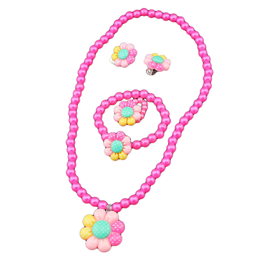 Gravitational wave Flower Artificial Pearls Kids Girls Earrings Bracelet Necklace Ring Jewelry Set