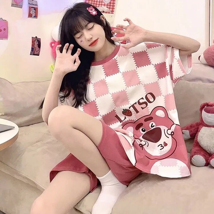 Women's pajamas set short sleeve loose cute Cartoon tshirt + sleepwear casual lattice Cropped shorts