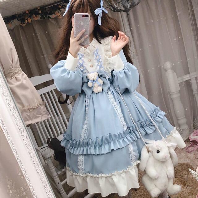 Kawaii Lolita Style Dress Women Lace Maid Costume Dress Cute Japanese Costume Sweet Gothic Party Robe Renaissance Vestidos 2020