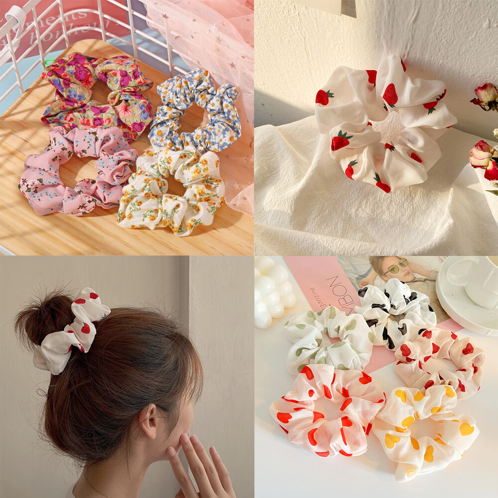 Korean Love Heart Chiffon Hair Tie Floral Scrunchies Girls Ponytail Hair Band Elastic Rubber Band Fashion Women Accessories