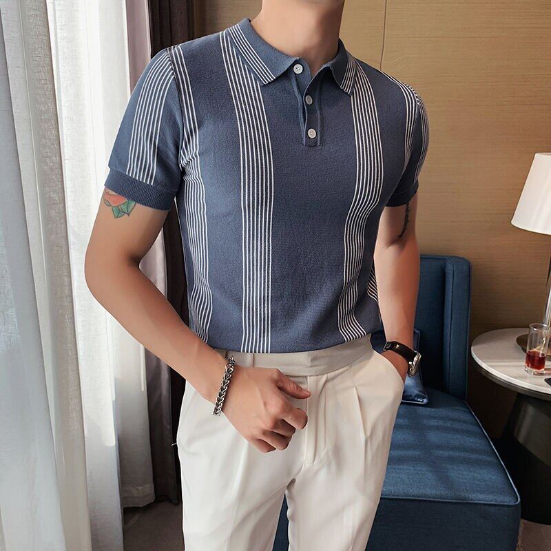 Men Knitted Polo Shirt High Quality Summer 2022 Stripe Hit Color Short Sleeve Polo Shirt Men Slim Breathable Polo