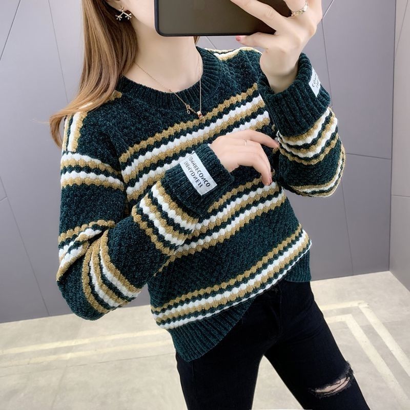 2021 New Sweater for Women's Long Sleeve Striped Knitted Sweater Women Loose Pullover