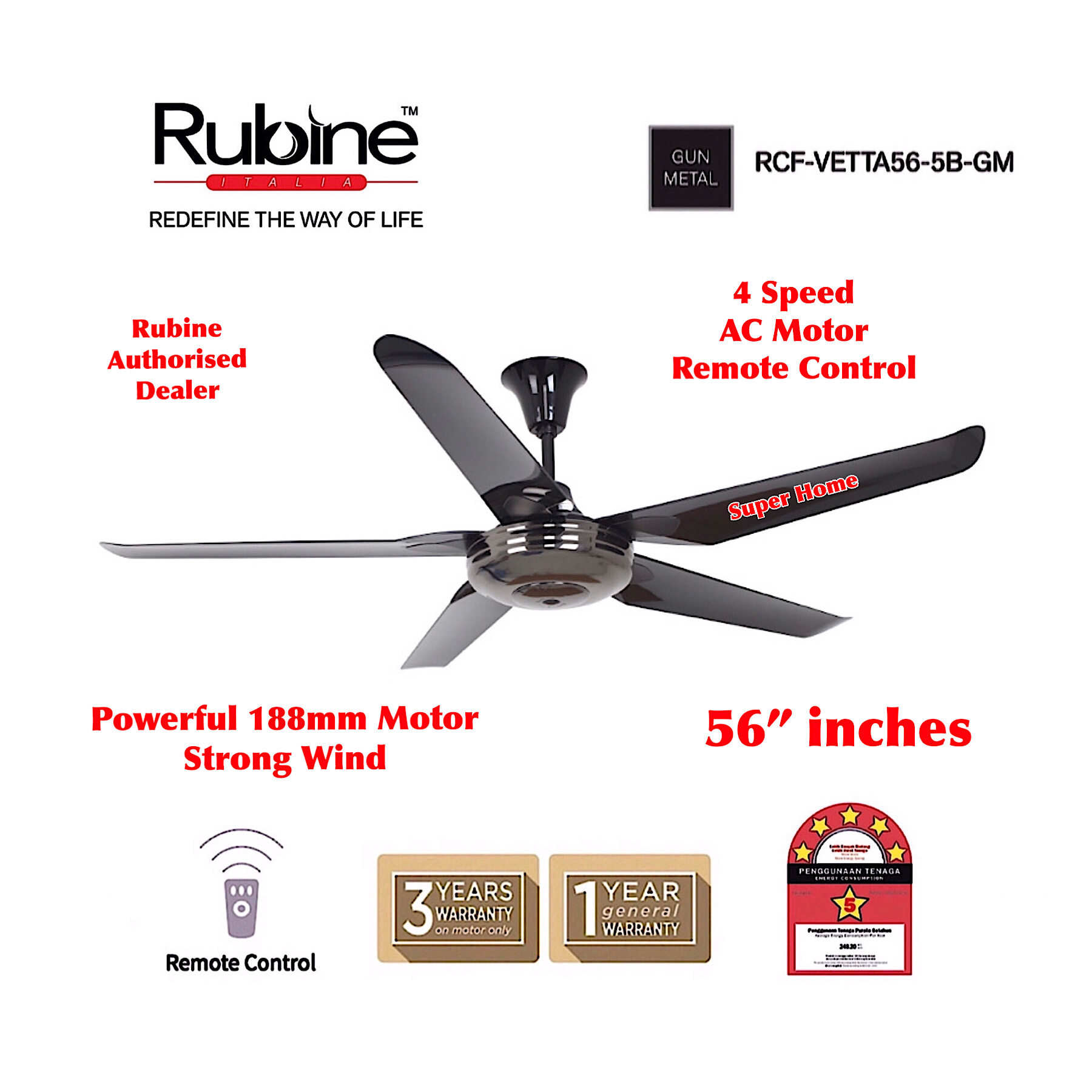 Rubine Ceiling Fan with Remote Control RCFVETTA565BGM 56 Inch 4