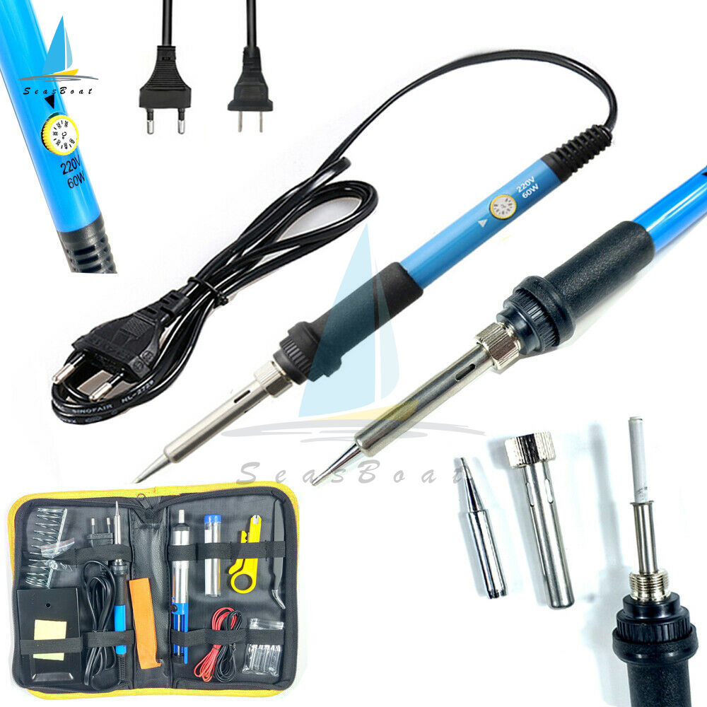 【Seasboat】Soldering Iron Soldering Iron Kit Electronics 60W Adjustable Temperature Welding Tool 5pcs Soldering Iron Tip /Soldering Iron Stand /Desoldering Pump /Tweezers /Solder Wire /Carry Bag