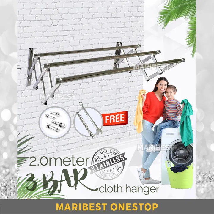 Hot Selection Spot Hot Sale 2 0m X 3 Bar 25mm Wall Mounted Stainless Steel Retractable Cloth Hanger New Lazada